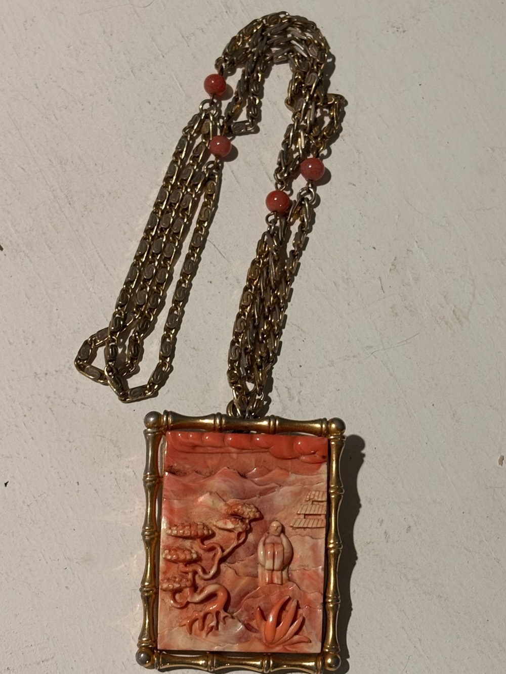 Vintage 1960s Signed Hattie Carnegie Faux Coral Asian Pendant Brooch Necklace